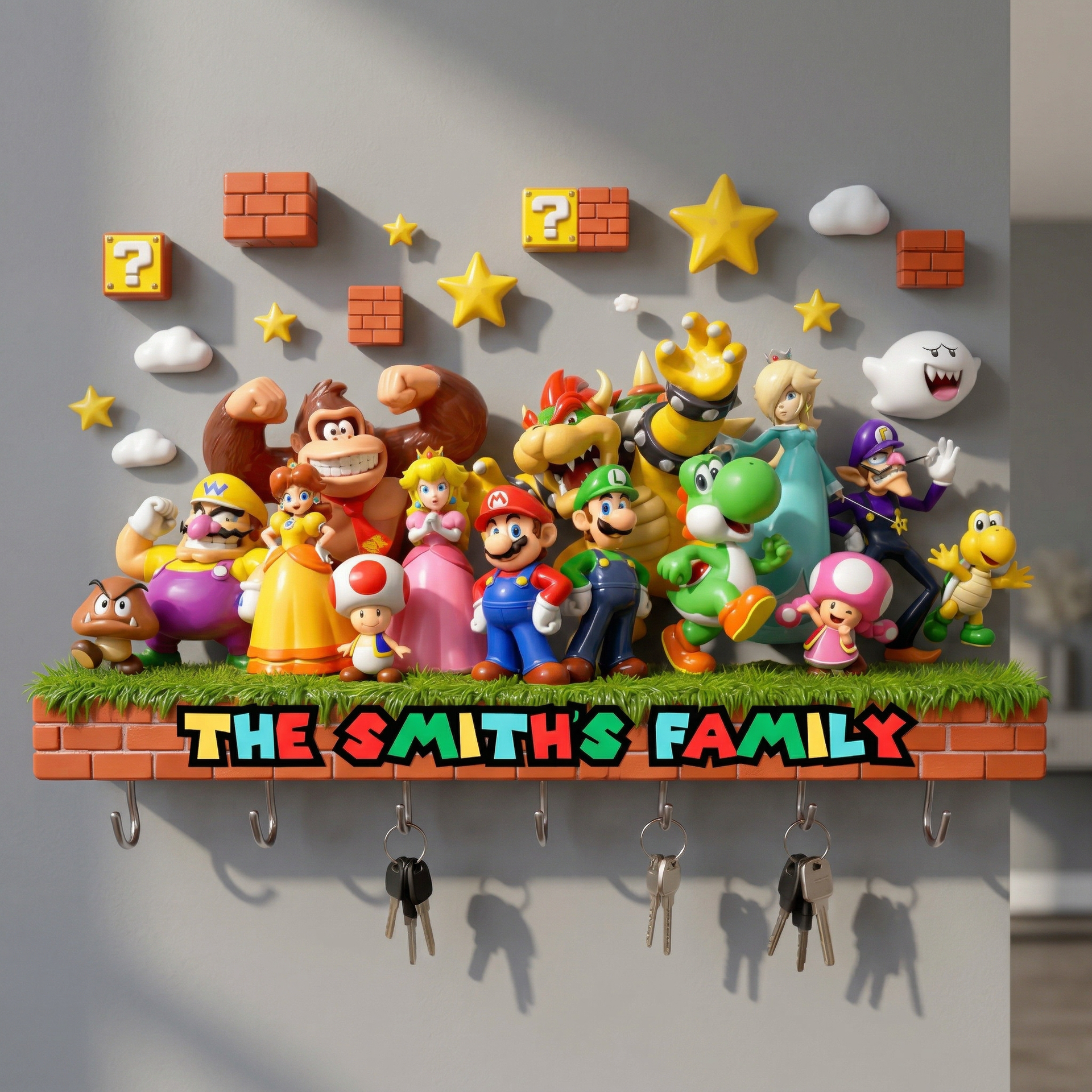 Personalized Family Key Hanger – Custom Name Cartoon Style Key Holder Wall Rack for Home Decor