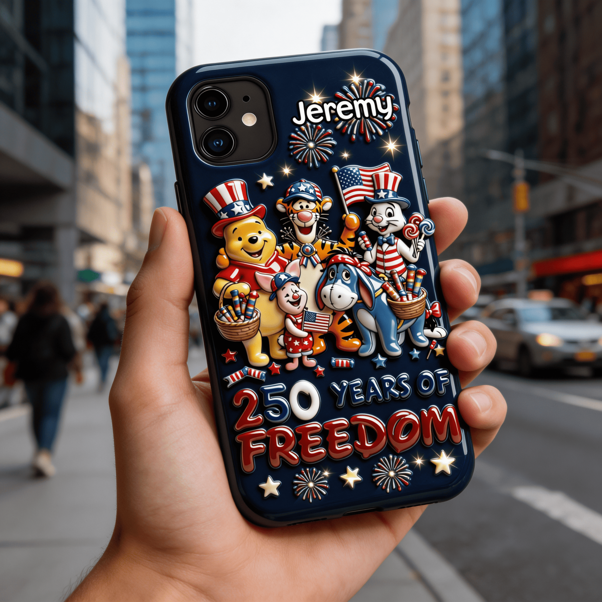 Custom Name 4th of July Phone Case – Patriotic Cartoon Design | Independence Day Gift USA