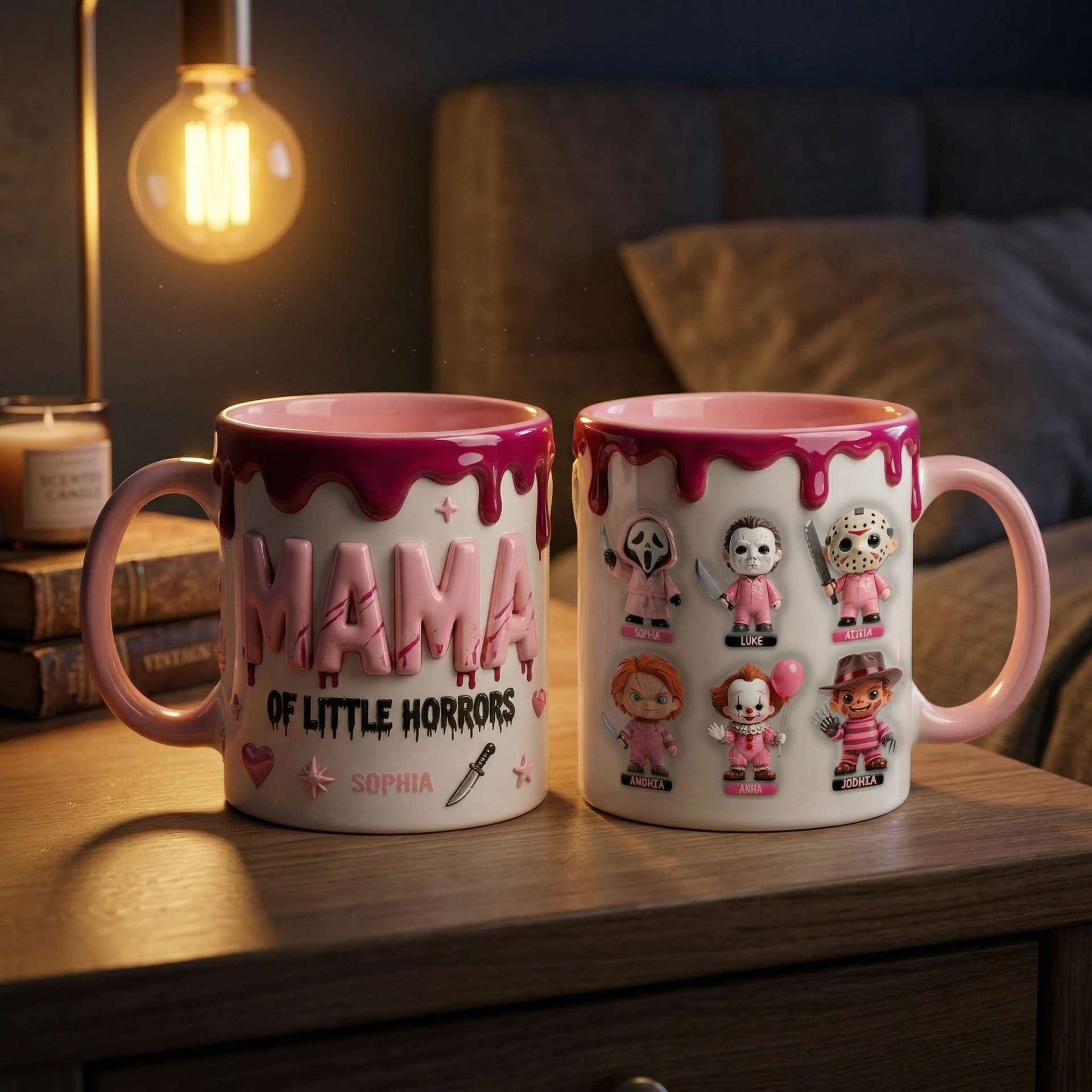 Personalized Mom Mug with Kids Characters – Cute Horror Family Coffee Cup