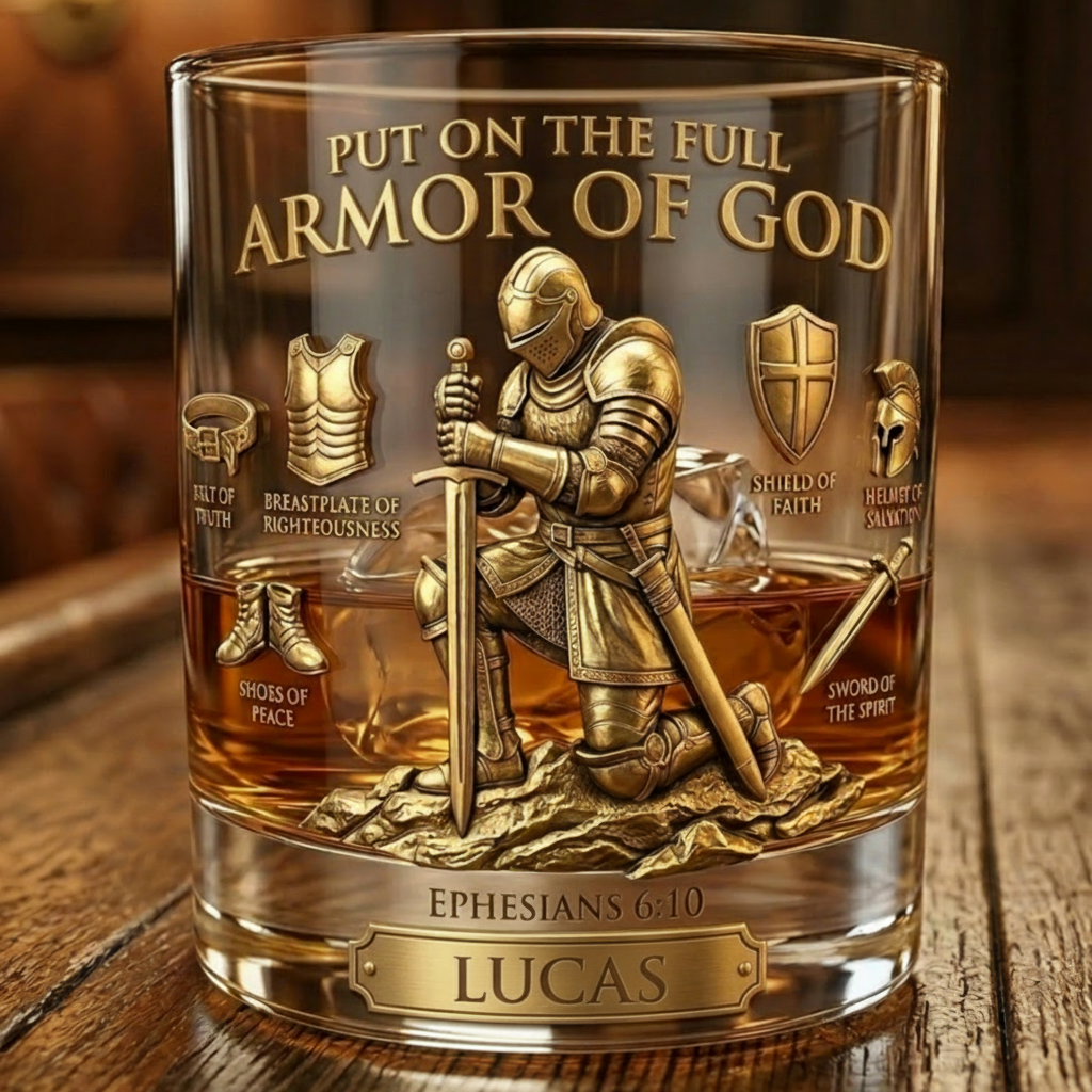 Personalized Armor of God Whiskey Glass – Engraved Christian Whiskey Tumbler for Men, Bible Verse Ephesians 6:10 Gift for Dad Husband