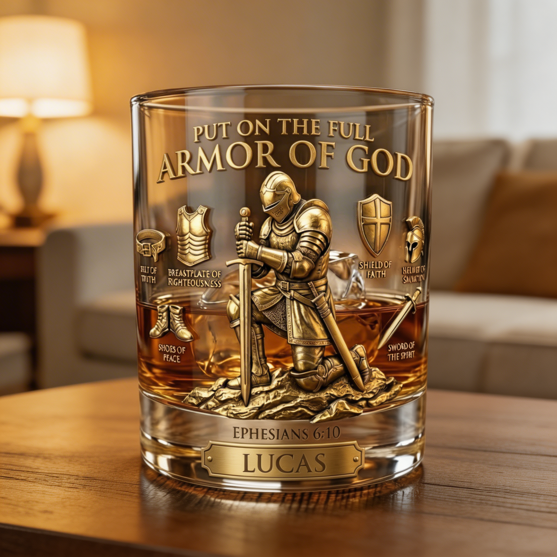 Personalized Armor of God Whiskey Glass – Engraved Christian Whiskey Tumbler for Men, Bible Verse Ephesians 6:10 Gift for Dad Husband