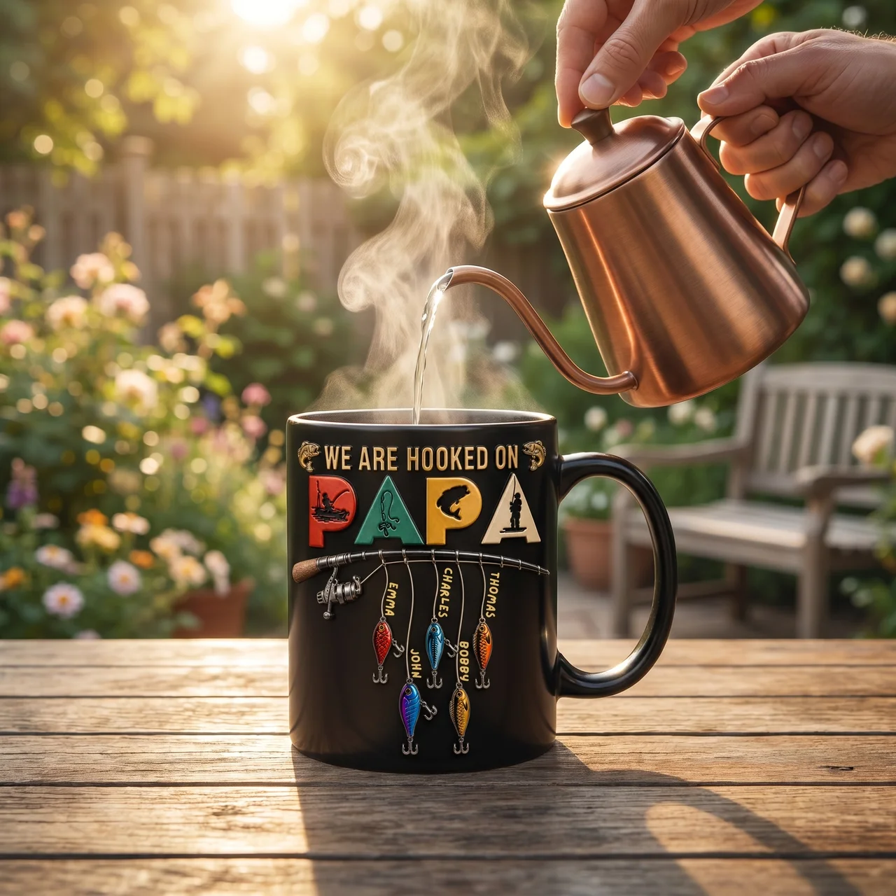 Custom Heat Changing Mug for Dad, Personalized Fishing Mug, Hooked on Papa Mug, Color Changing Coffee Mug, Gift for Dad, Father’s Day Gift