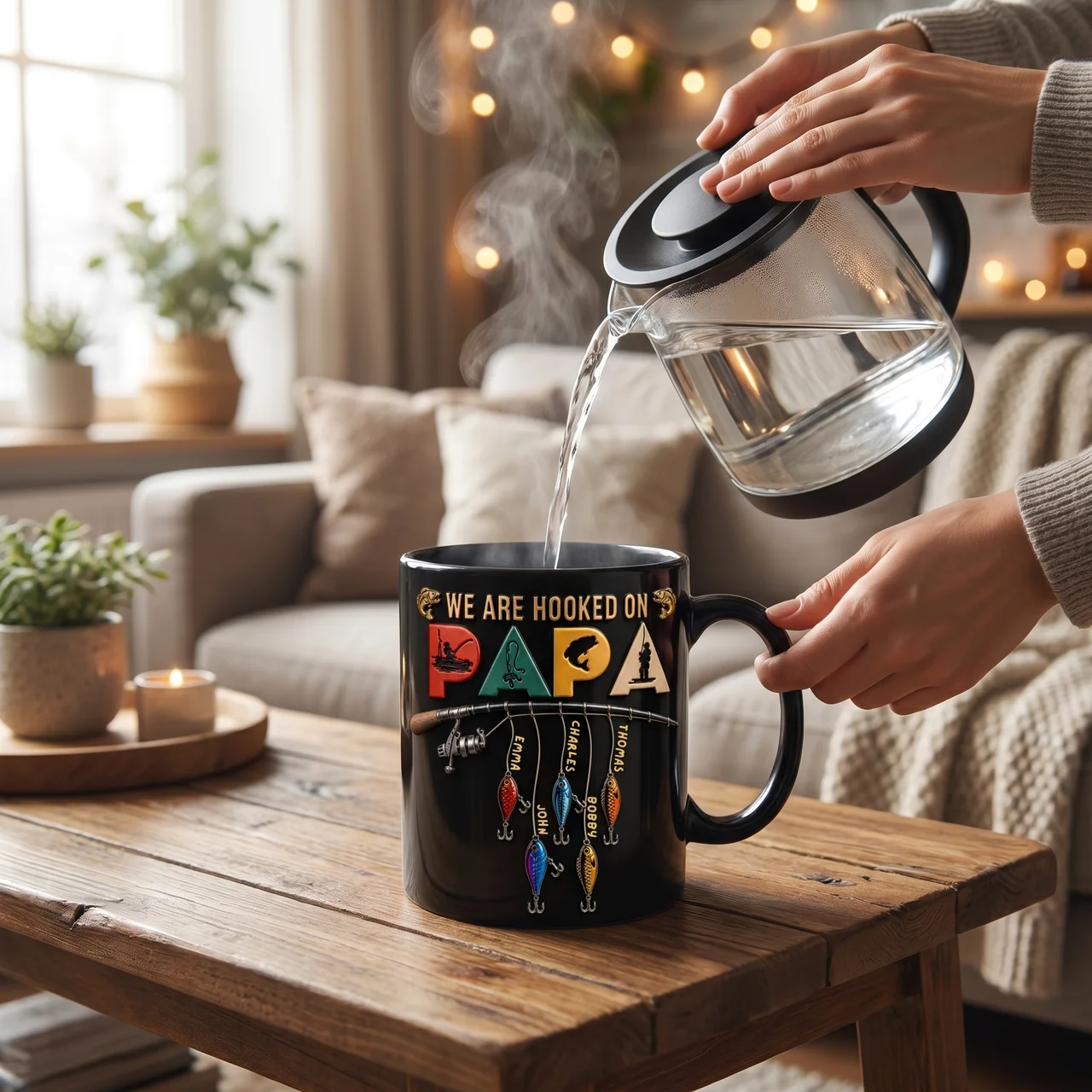 Custom Heat Changing Mug for Dad, Personalized Fishing Mug, Hooked on Papa Mug, Color Changing Coffee Mug, Gift for Dad, Father’s Day Gift