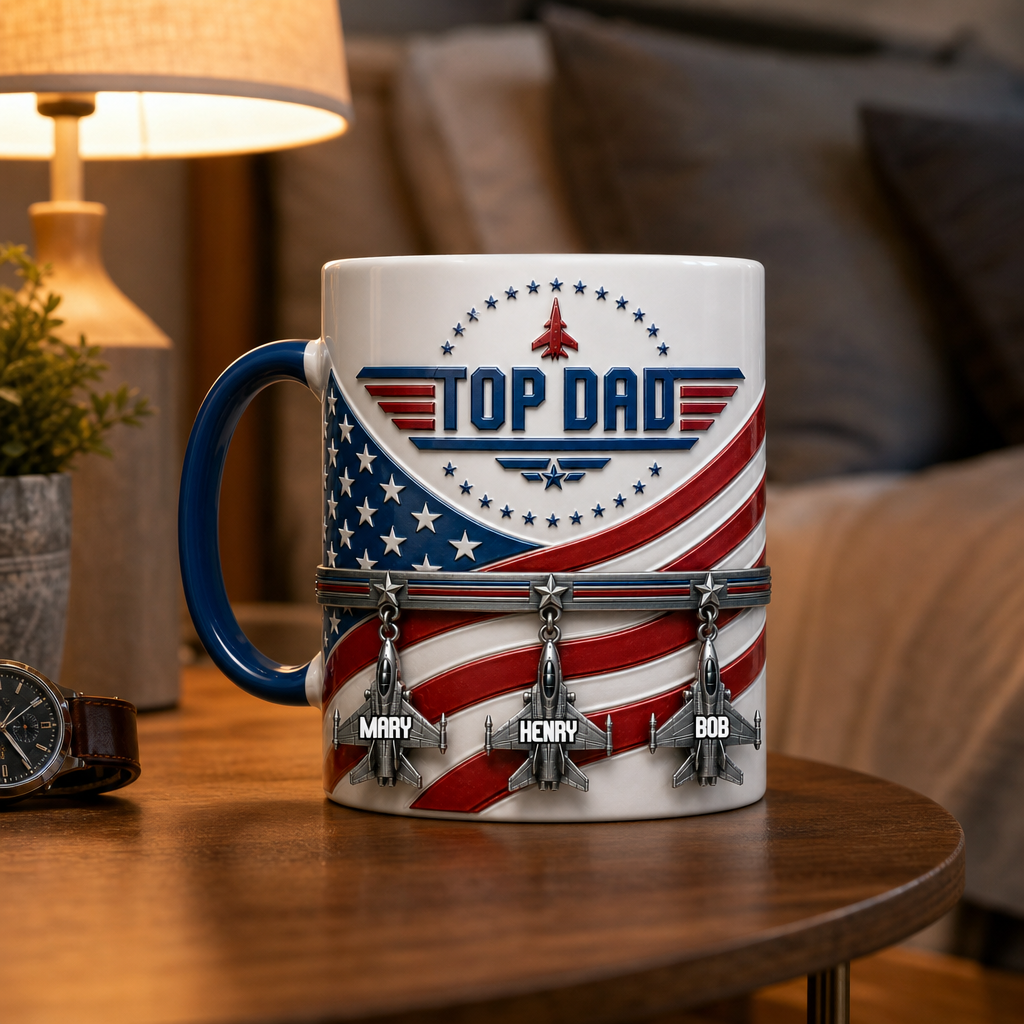 Personalized Top Dad Air Force Mug, Custom Fighter Jet Mug for Dad, Aviation Coffee Mug Gift, Military Dad Mug, Father’s Day Gift for Pilot & Veteran Dad