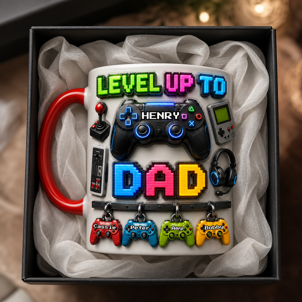 Personalized Gamer Dad Mug, Custom Gaming Coffee Mug for Dad with Kids Names, Level Up To Dad Mug, Retro Video Game Gift for Gamer Father