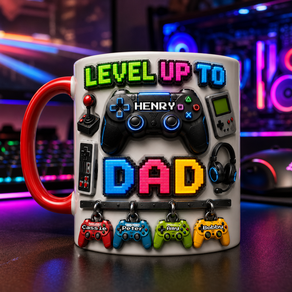 Personalized Gamer Dad Mug, Custom Gaming Coffee Mug for Dad with Kids Names, Level Up To Dad Mug, Retro Video Game Gift for Gamer Father