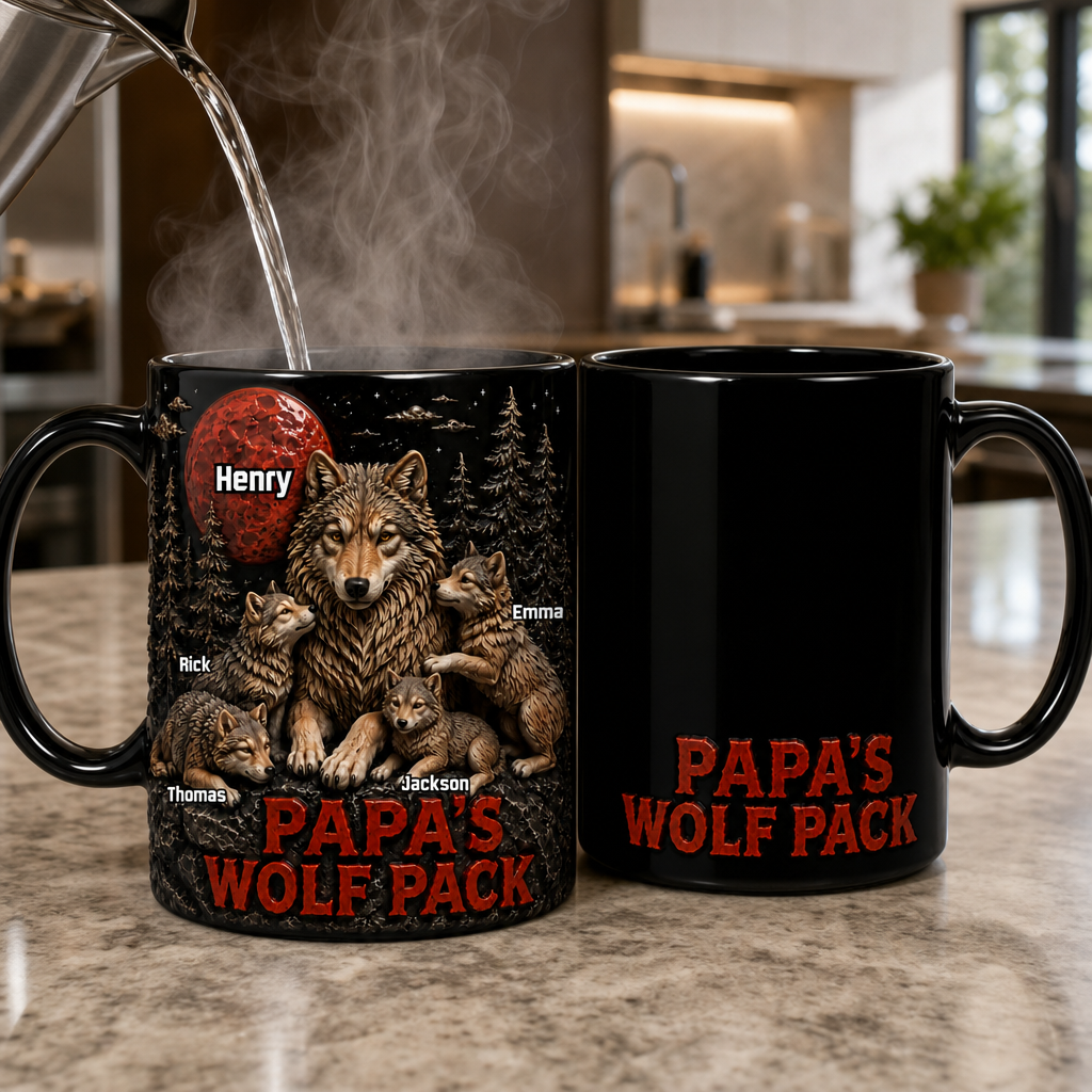 Custom Heat Changing Mug Personalized Wolf Family Mug Gift For Dad Custom Name Color Changing Coffee Mug Papa’s Wolf Pack Mug Father’s Day Gift From Kids For Grandpa Husband Dad
