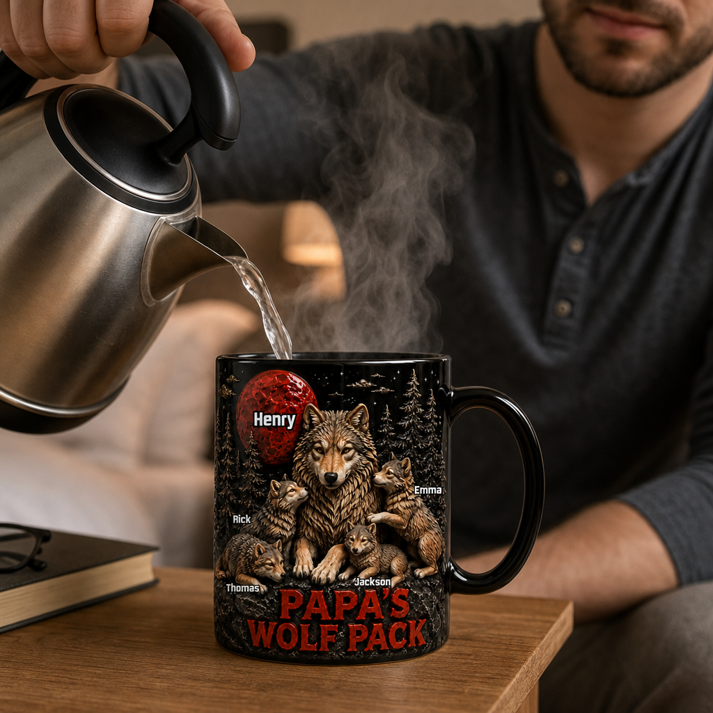 Custom Heat Changing Mug Personalized Wolf Family Mug Gift For Dad Custom Name Color Changing Coffee Mug Papa’s Wolf Pack Mug Father’s Day Gift From Kids For Grandpa Husband Dad