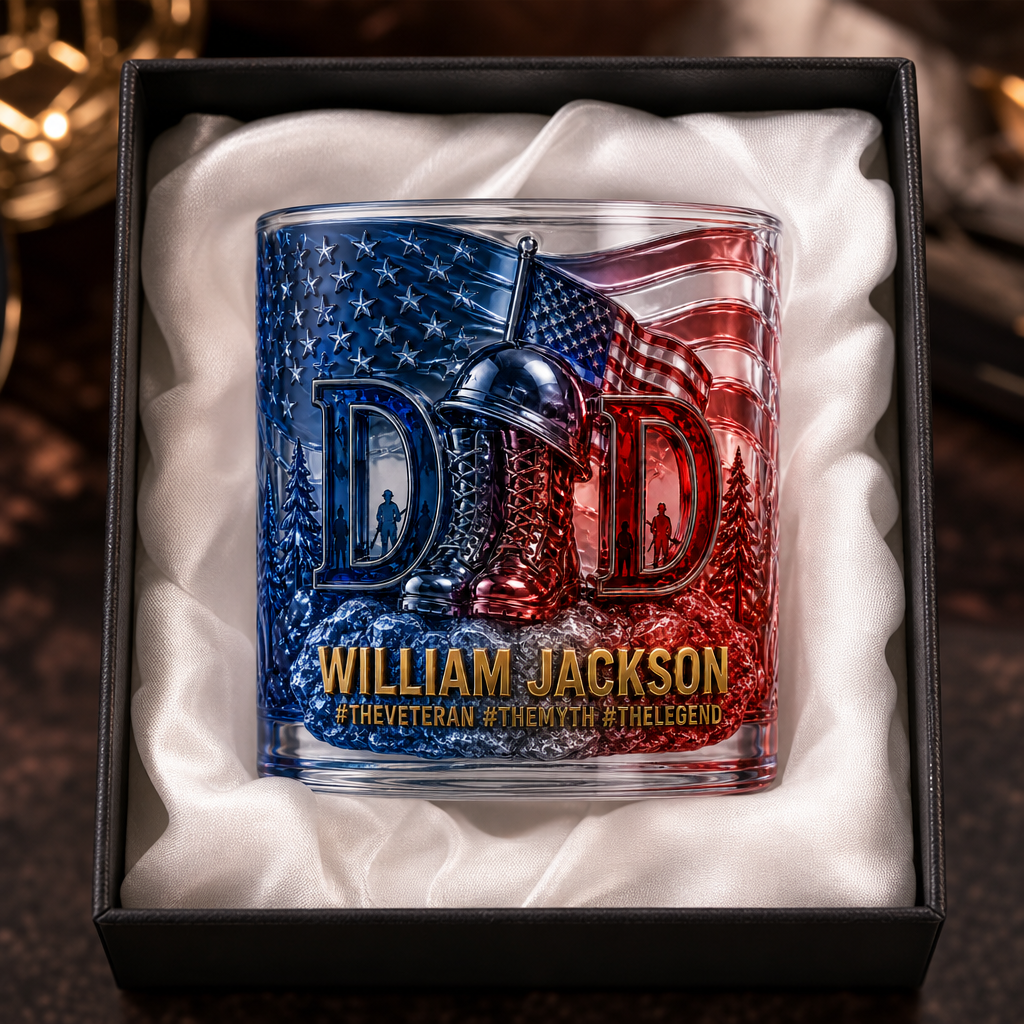 Custom Veteran Whiskey Glass, Personalized Dad Bourbon Glass, Military Gift For Dad, Custom Name Whiskey Tumbler, Patriotic American Flag Glass, Veteran Gift, Father’s Day Gift For Him