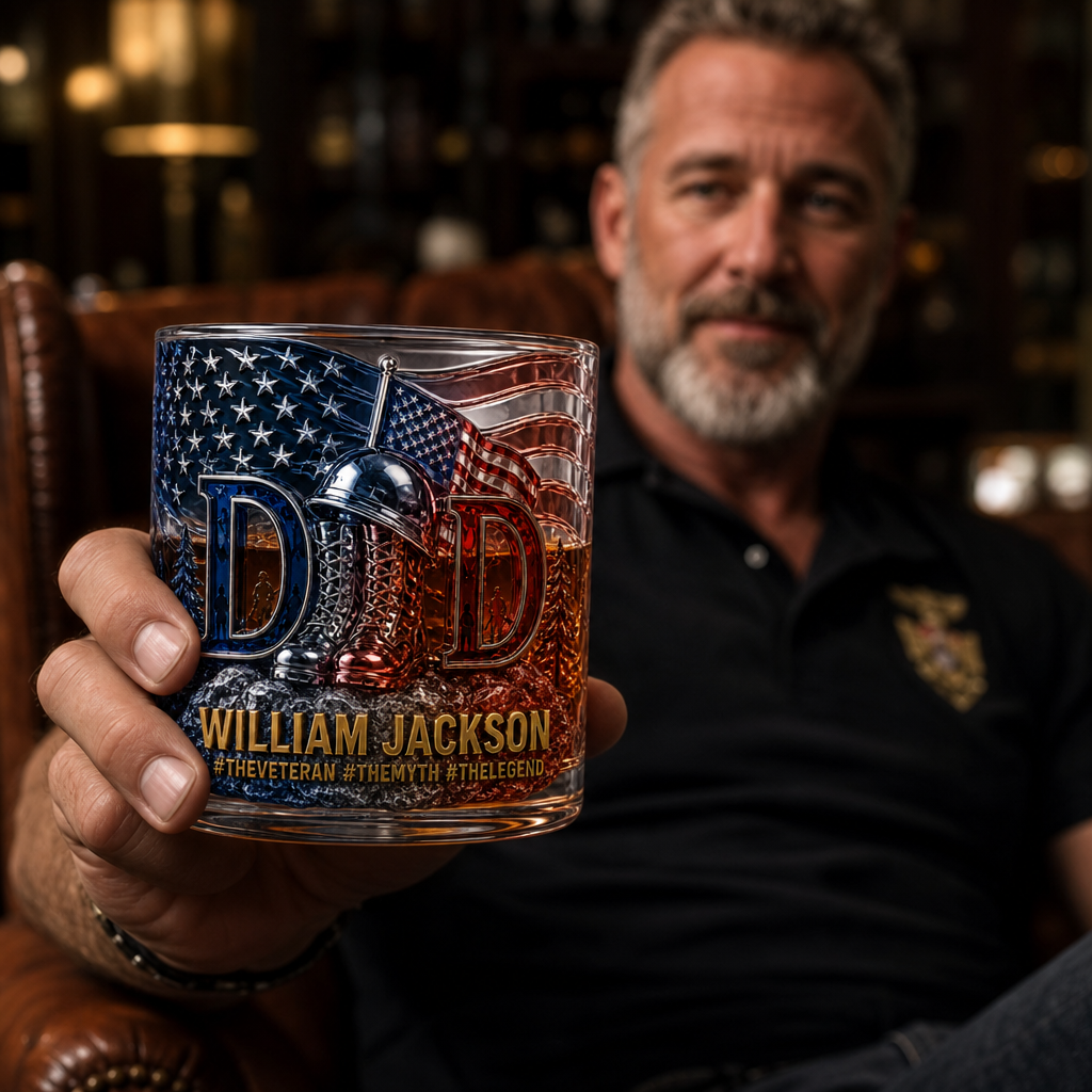 Custom Veteran Whiskey Glass, Personalized Dad Bourbon Glass, Military Gift For Dad, Custom Name Whiskey Tumbler, Patriotic American Flag Glass, Veteran Gift, Father’s Day Gift For Him