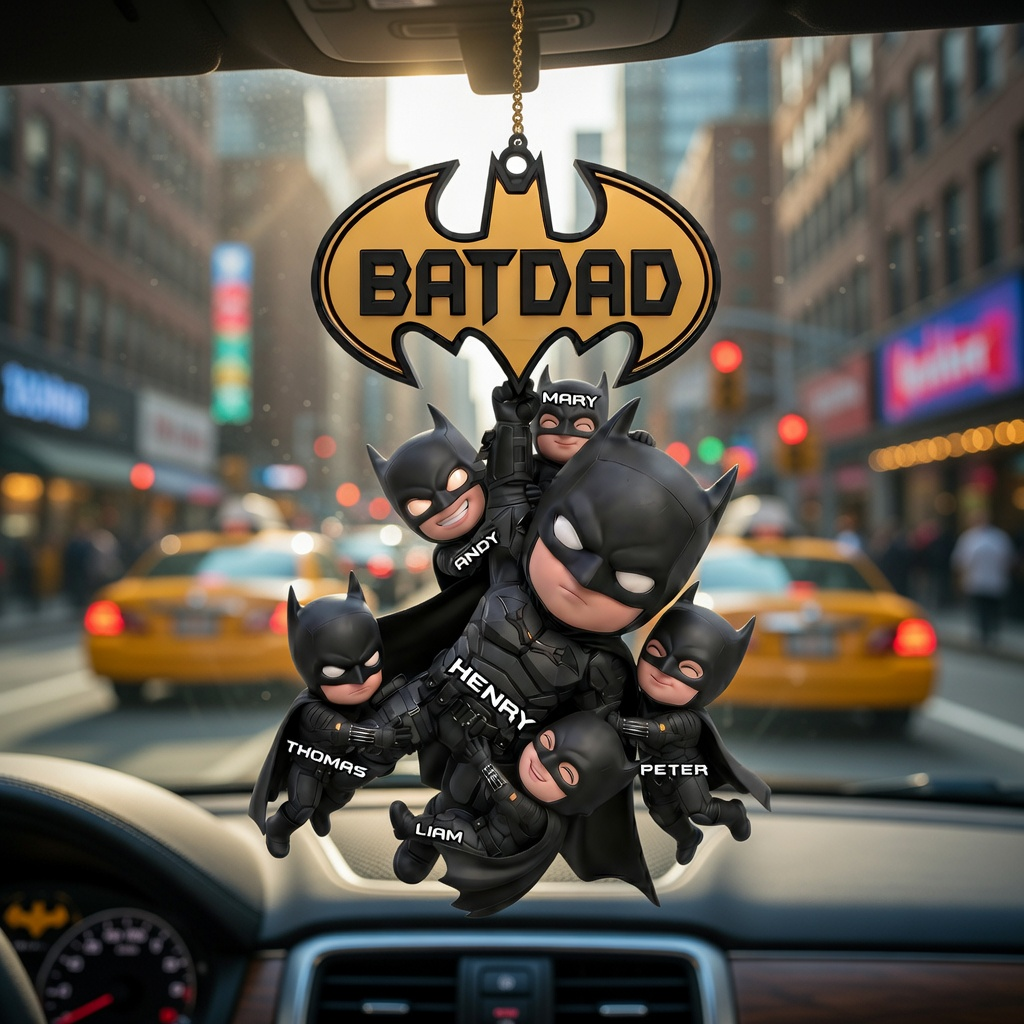 Custom Bat Dad Car Hanging Ornament, Personalized Superhero Dad Car Charm, Custom Name Rear View Mirror Decor, Funny Dad Car Accessory Gift From Kids, Personalized Hanging Gift For Dad, Bat Style Car Ornament
