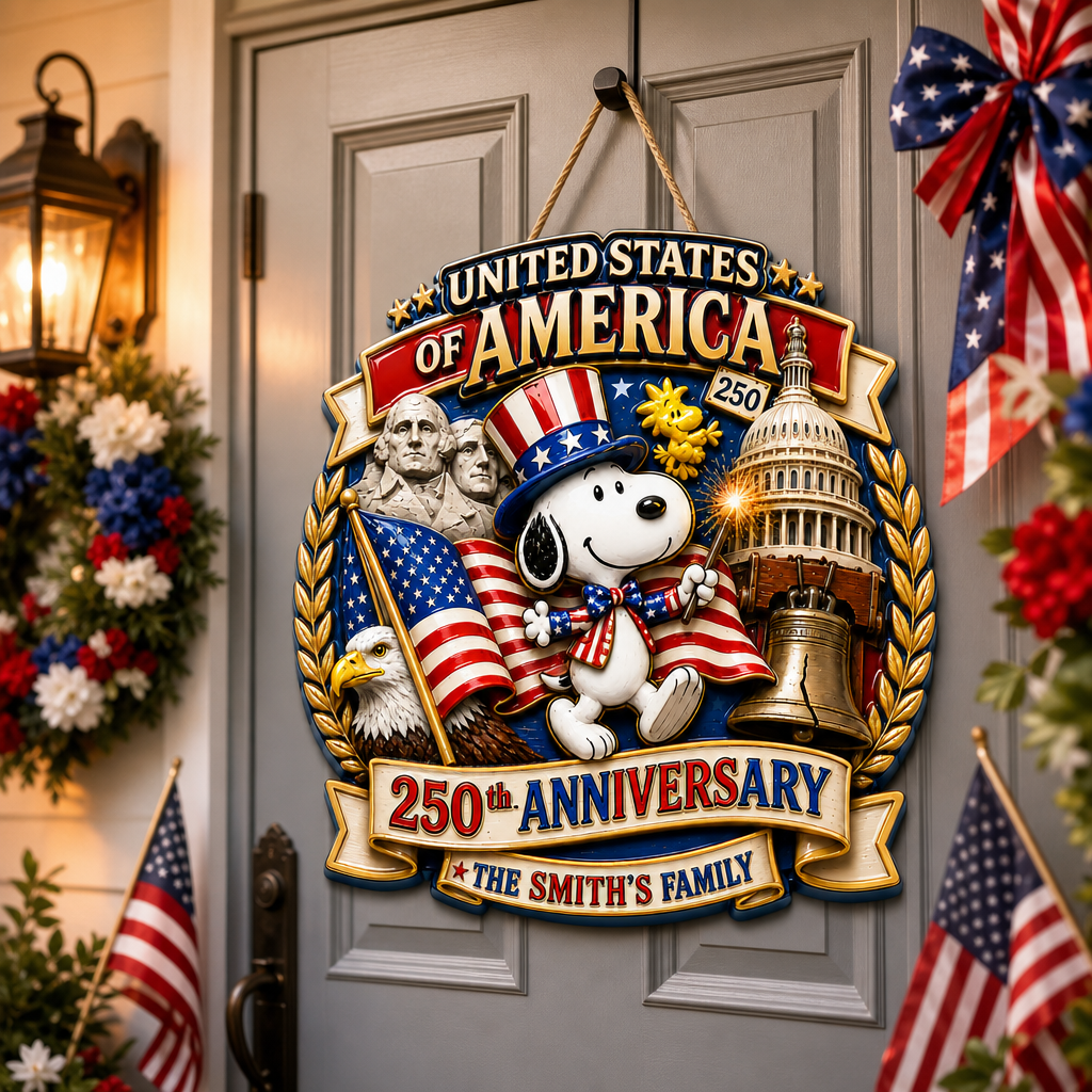 Custom Name Family Door Sign, 250th Anniversary USA Decor, Patriotic 4th Of July Wreath Sign, Personalized Family Door Hanger, Independence Day Front Door Decor