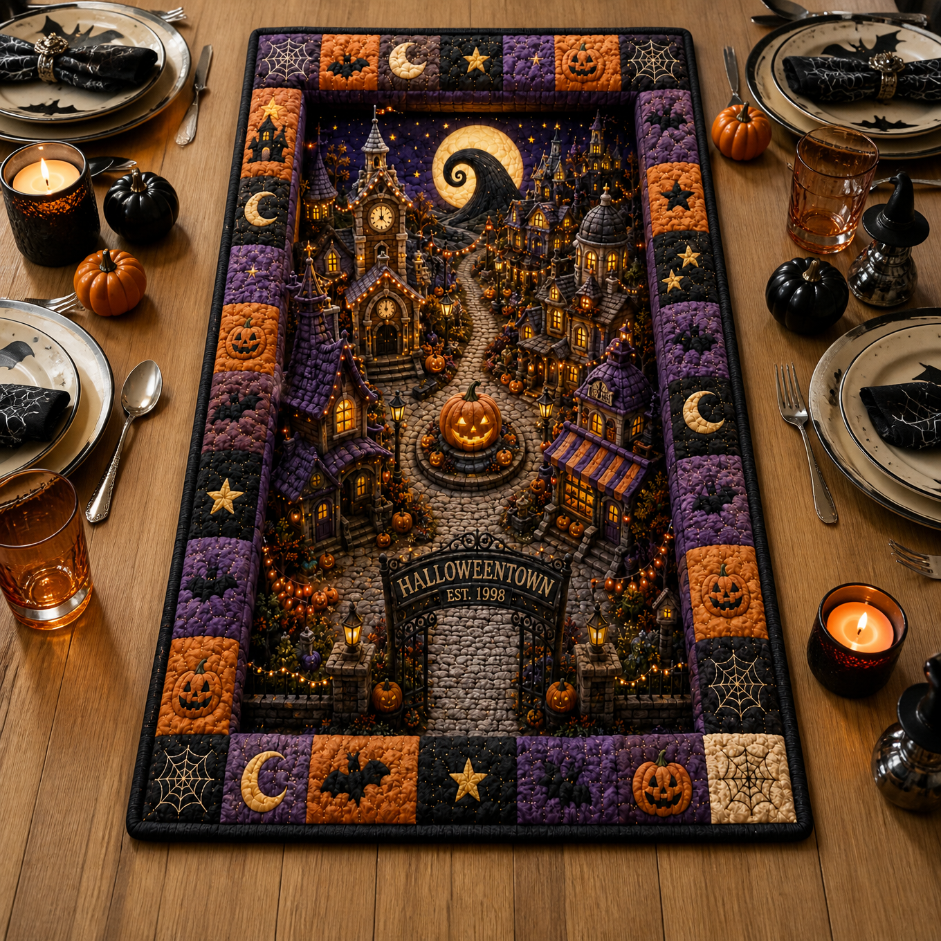 Halloween Town Rug, Spooky Haunted Village Area Rug, Halloween Home Decor Gift for Horror Fans