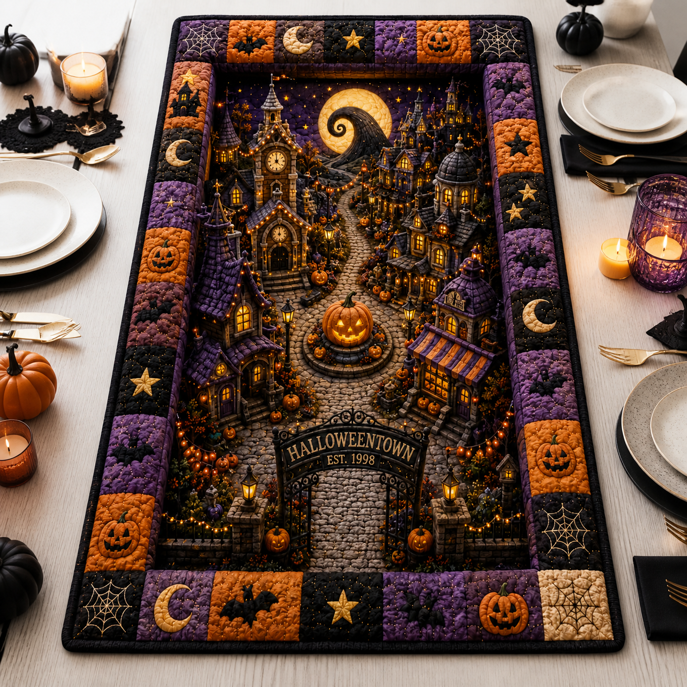 Halloween Town Rug, Spooky Haunted Village Area Rug, Halloween Home Decor Gift for Horror Fans