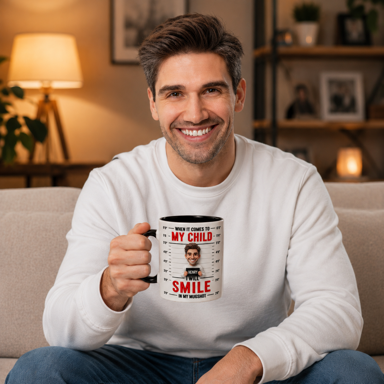 Personalized Funny Dad Mug, Custom Photo Coffee Mug for Dad, My Child Will Smile In My Mugshot Mug, Humorous Father’s Day Gift for Dad