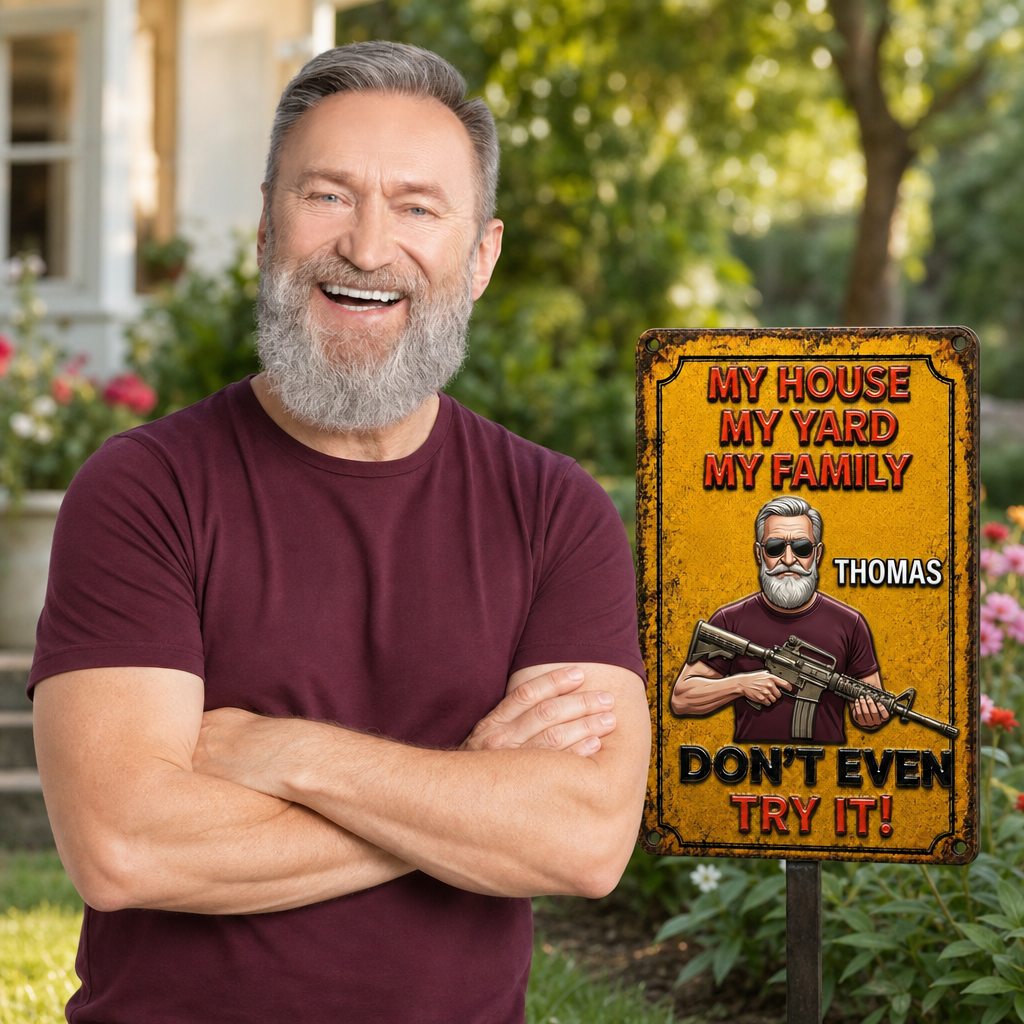 Custom Photo Metal Yard Sign Personalized Funny Warning Sign Gift For Dad Custom Face Metal Sign Outdoor Garden Decor Father's Day Gift For Him Family Yard Sign
