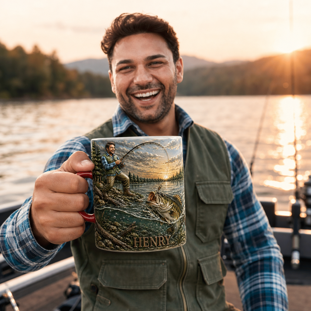 Custom Fishing Dad Mug, Personalized Angler Coffee Mug, Fisherman Gift For Dad, Custom Photo Outdoor Mug, Bass Fishing Lover Gift For Him
