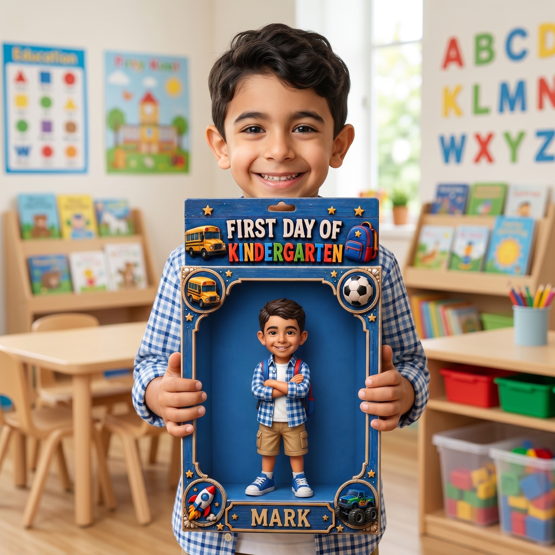 Custom First Day of Kindergarten Photo Plaque - Personalized Retro Style Gift