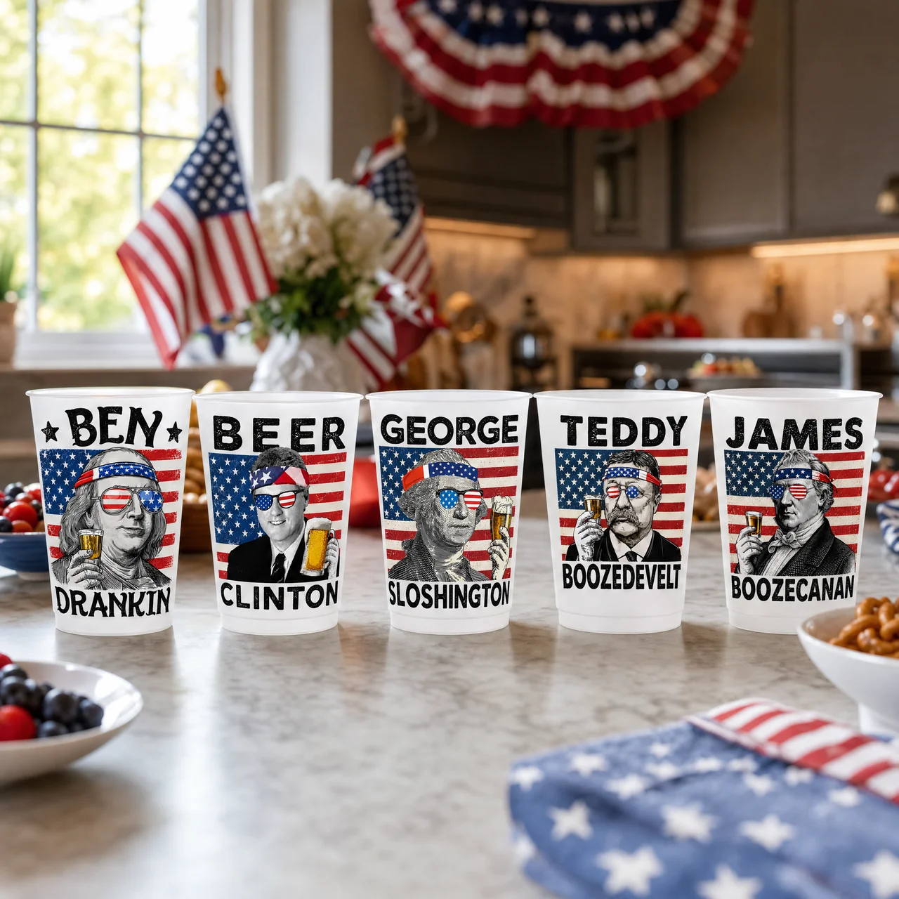 Funny US Presidents Frosted Cups - Patriotic 4th of July Drinking Party Cups