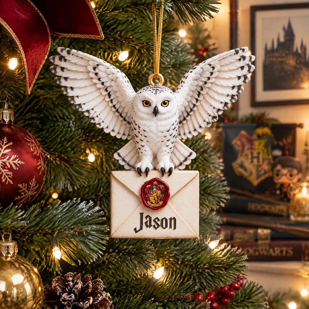 Custom Owl Christmas Ornament With Name, Personalized Wizard Inspired Holiday Keepsake, Gift for Fantasy Fans and Magic Lovers hn07102026