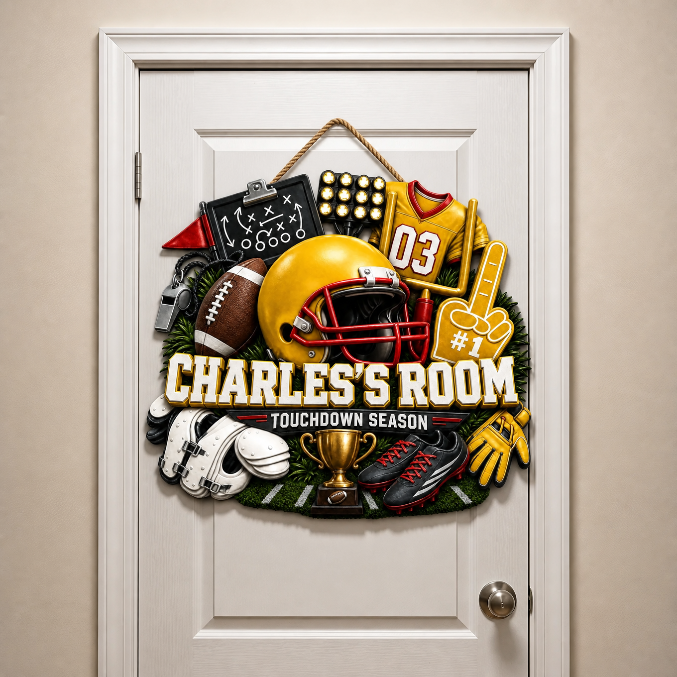 Custom Name Football Door Hanger, Personalized NFL Fan Room Sign, Gift for Football Fans hn28072026