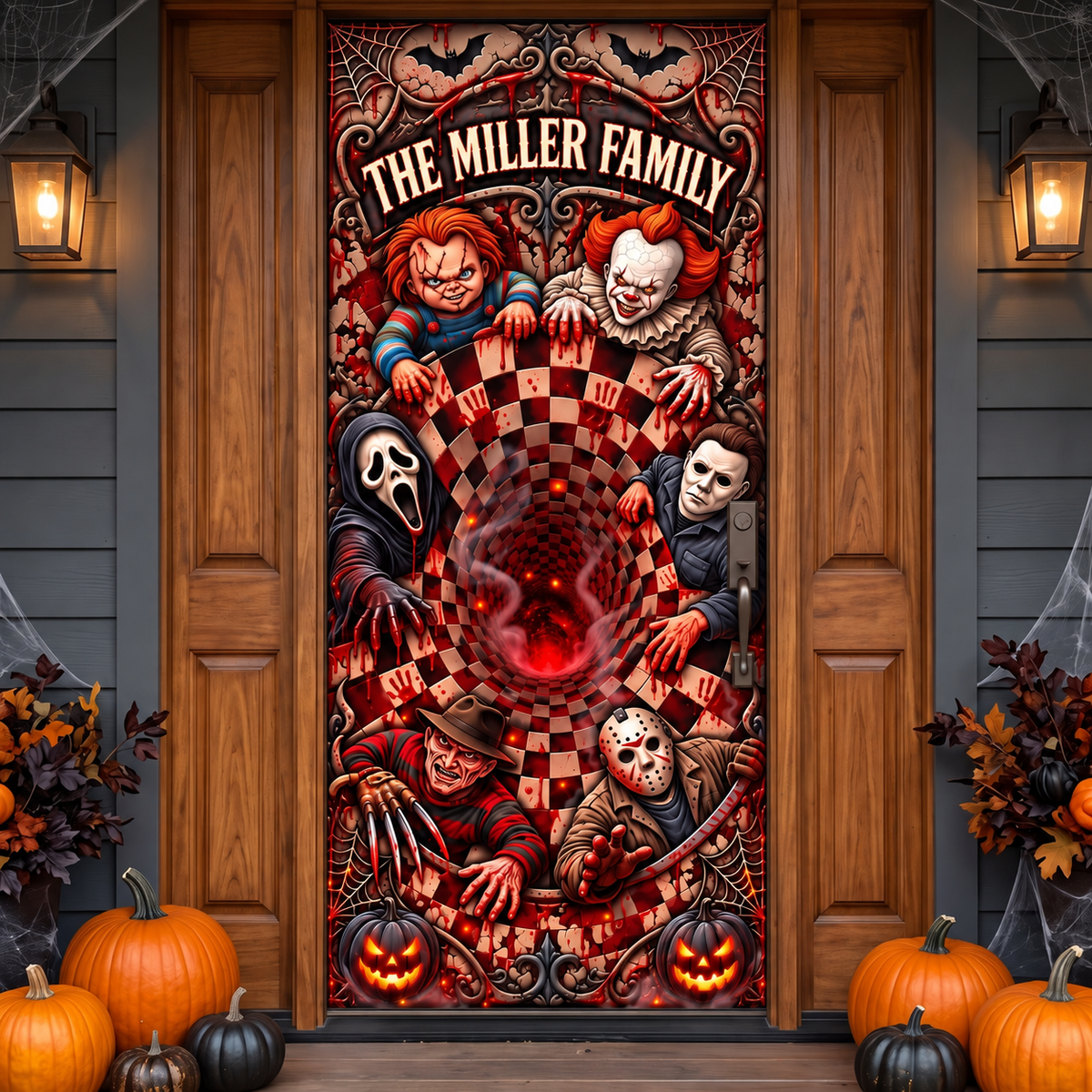 Custom Halloween Door Cover With Family Name, Personalized Horror Door Decor, Gift for Horror Fans, Halloween Lovers and Families hn12102026