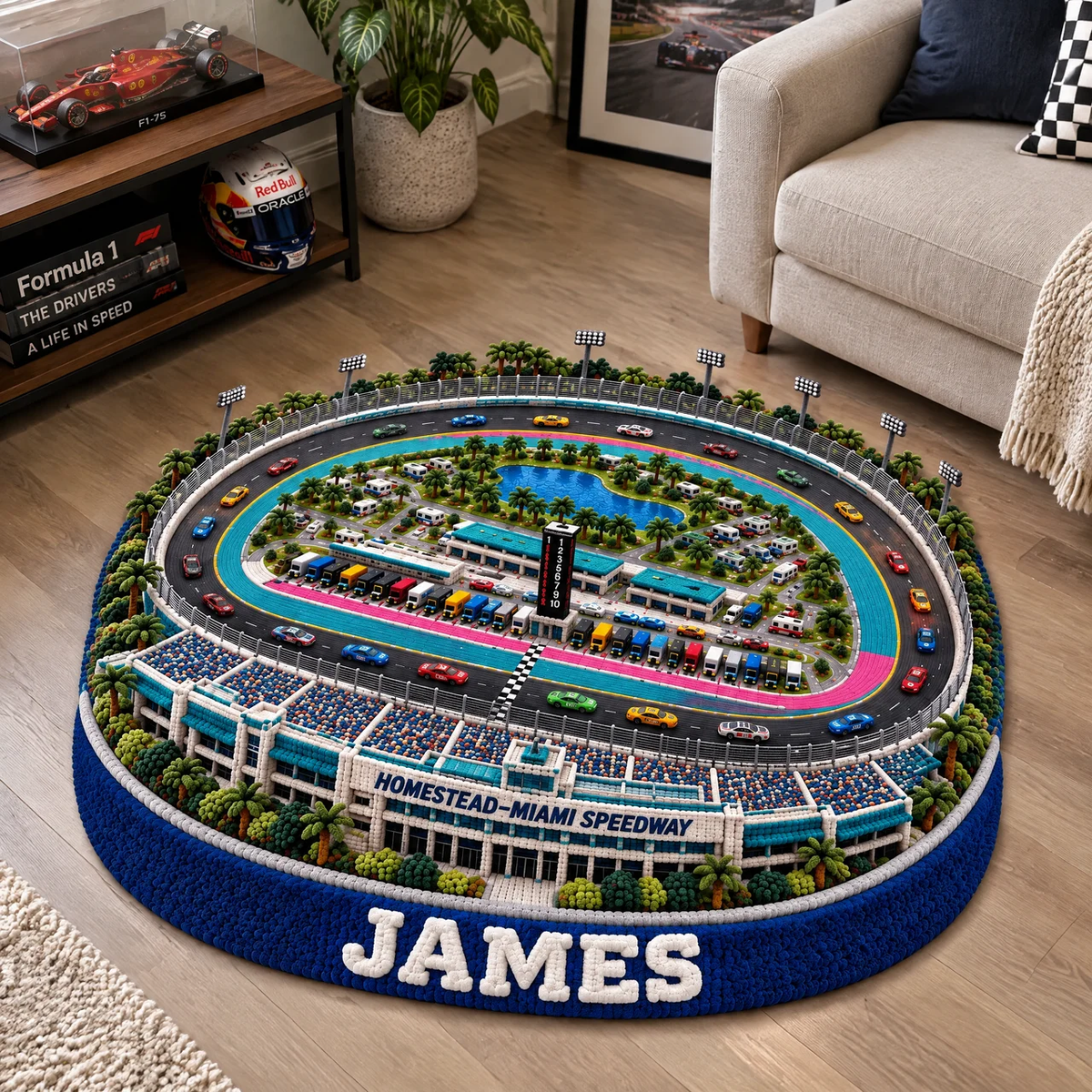 Custom Race Track Stadium Rug With Name, Oval Speedway Tufted Floor Decor, Personalized Motorsport Room Accent, Gift for Racing Fans hn22102026