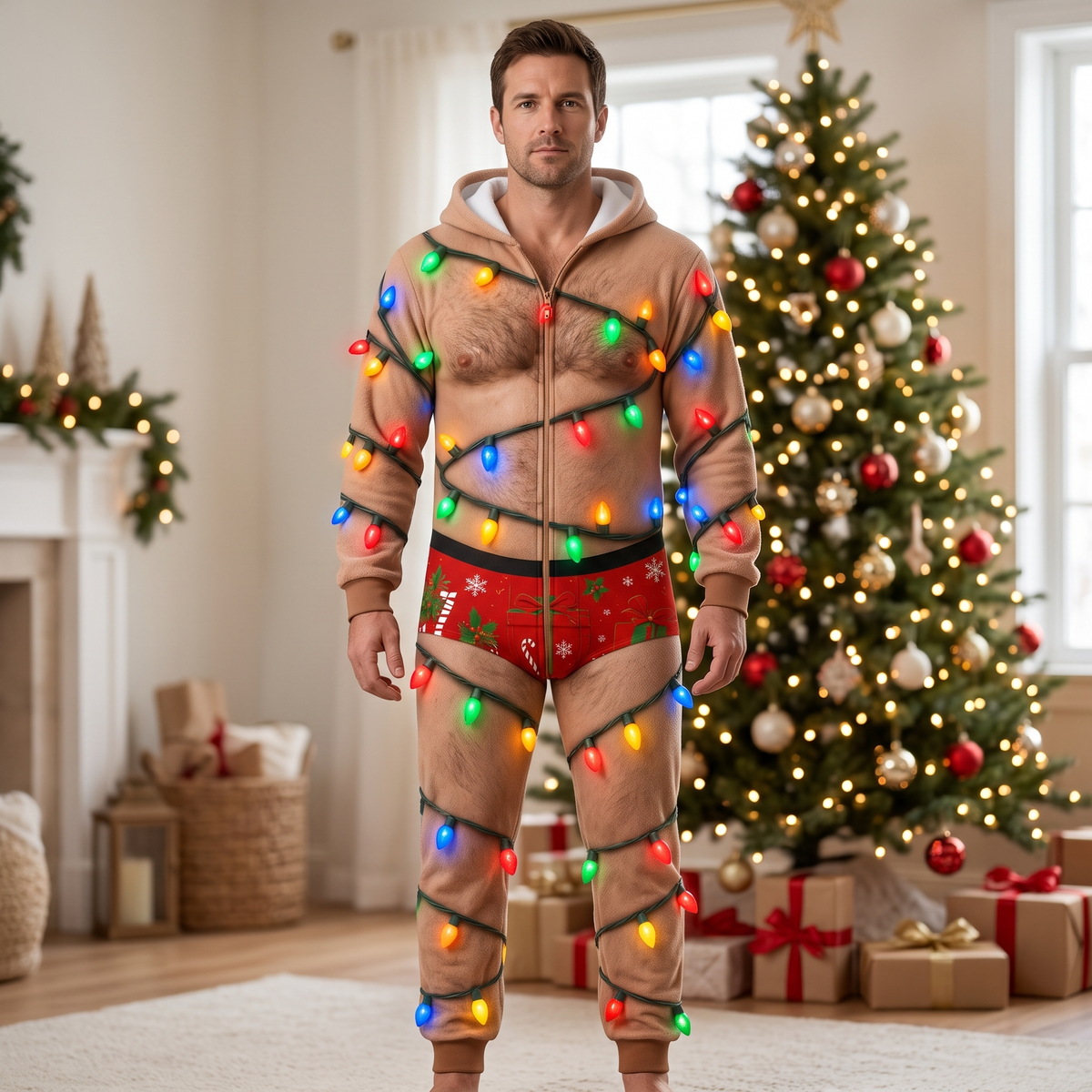 Funny Christmas Pajama Set With Holiday Lights Design, Personalized Xmas Sleepwear, Gift for Friends and Holiday Lovers hn01102026