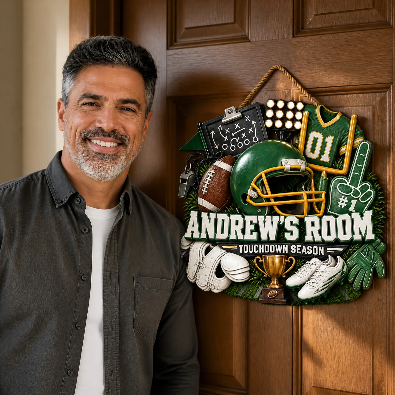 Custom Name Football Door Hanger, Personalized NFL Fan Room Sign, Gift for Football Fans hn28072026