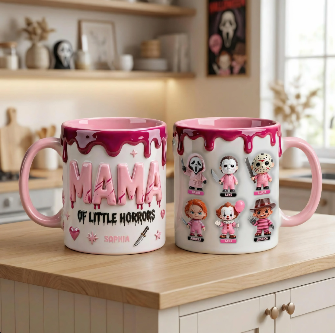 Personalized Mom Mug with Kids Characters – Cute Horror Family Coffee Cup