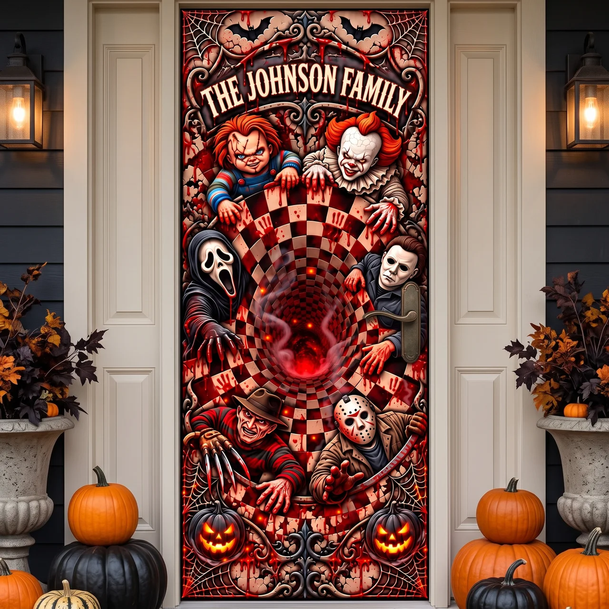Custom Halloween Door Cover With Family Name, Personalized Horror Door Decor, Gift for Horror Fans, Halloween Lovers and Families hn12102026