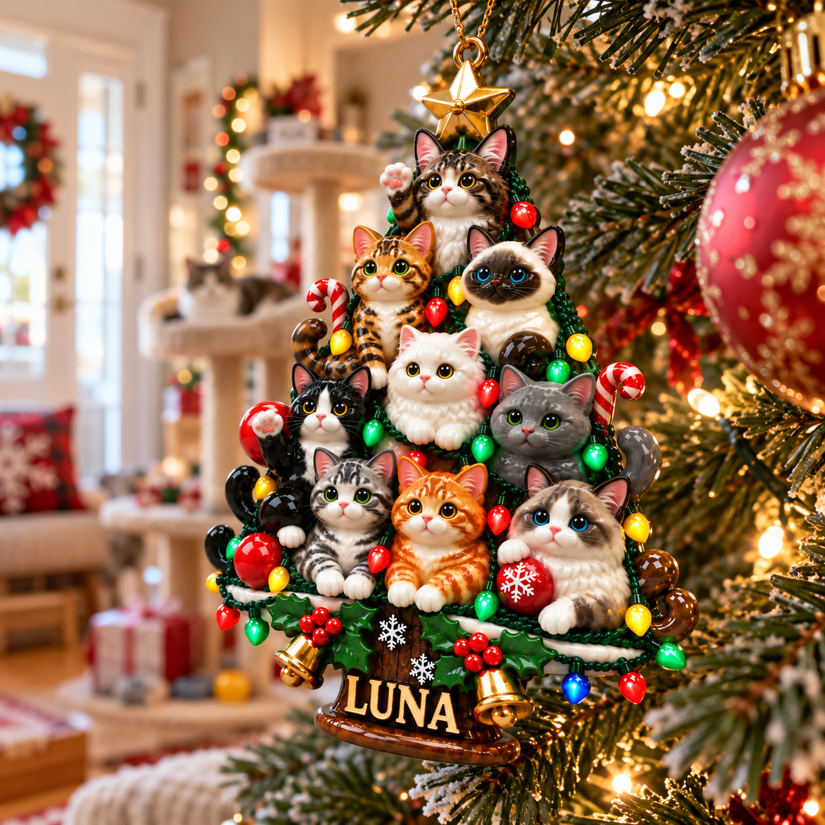 Custom Cat Christmas Tree Ornament With Name, 3D Kitty Holiday Decoration, Personalized Christmas Gift for Cat Lovers and Pet Parents hn15102026