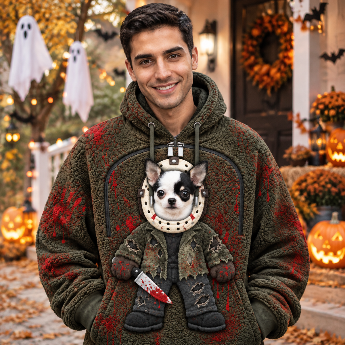 Halloween Pet Soft Fleece Hoodie, Creepy Clown Horror Design, Pet Carrying Sweatshirt, Unique Gift for Horror Fans and Pet Lovers hn16102026