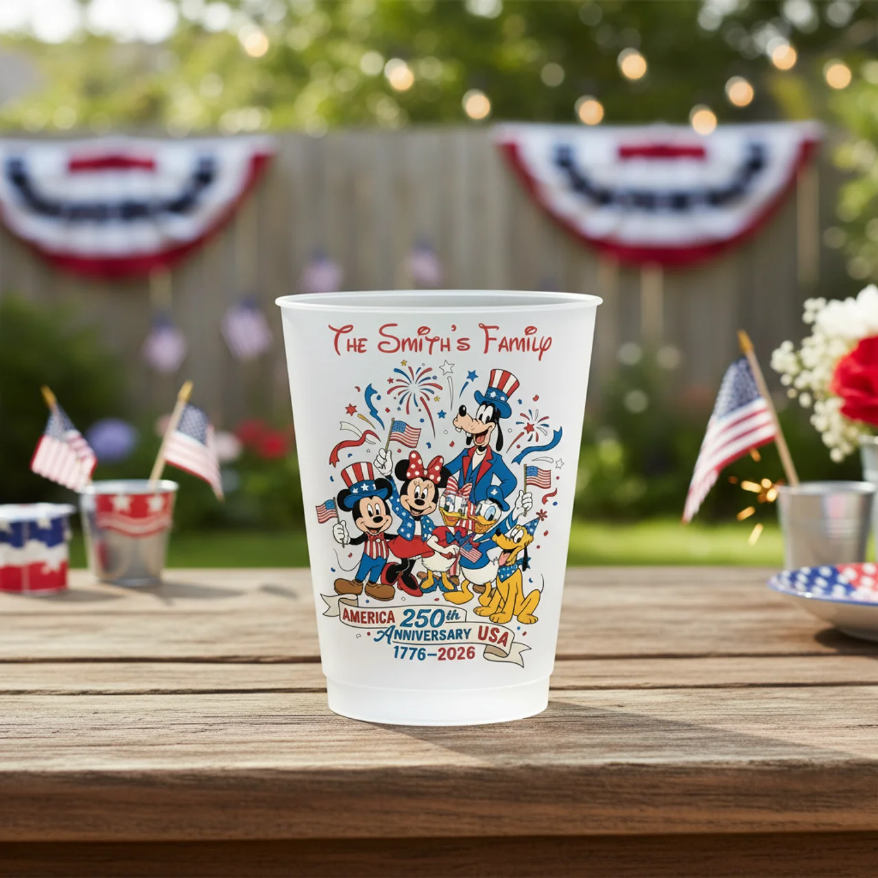 Custom Family Name 250th Anniversary Frosted Cups - Patriotic 4th of July Party Supplies