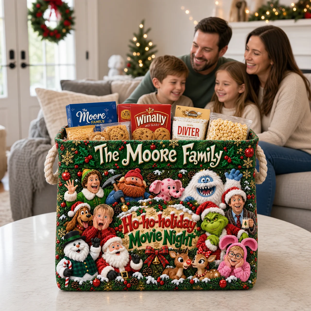 Custom Christmas Family Snack Basket With Name, Personalized Holiday Treat Basket, Gift for Families, Christmas Lovers and Holiday Gatherings hn14102026tp