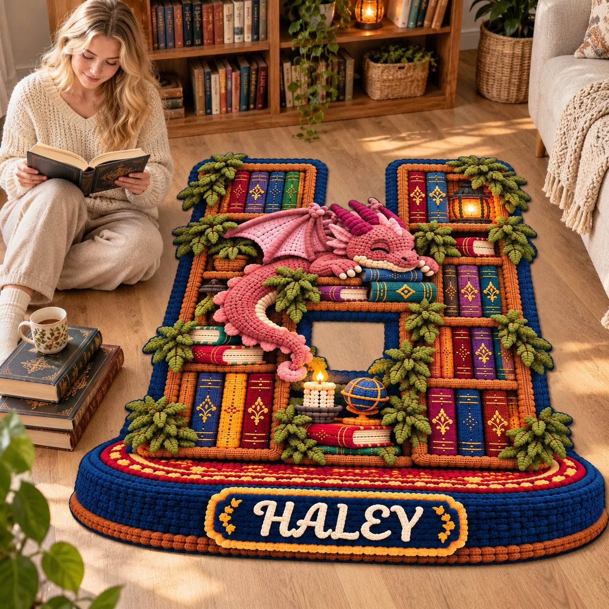 Custom Alphabet Dragon Rug With Name, 3D Tufted Bookshelf Rug, Fantasy Reading Room Decor, Unique Gift for Book Lovers hn29102026