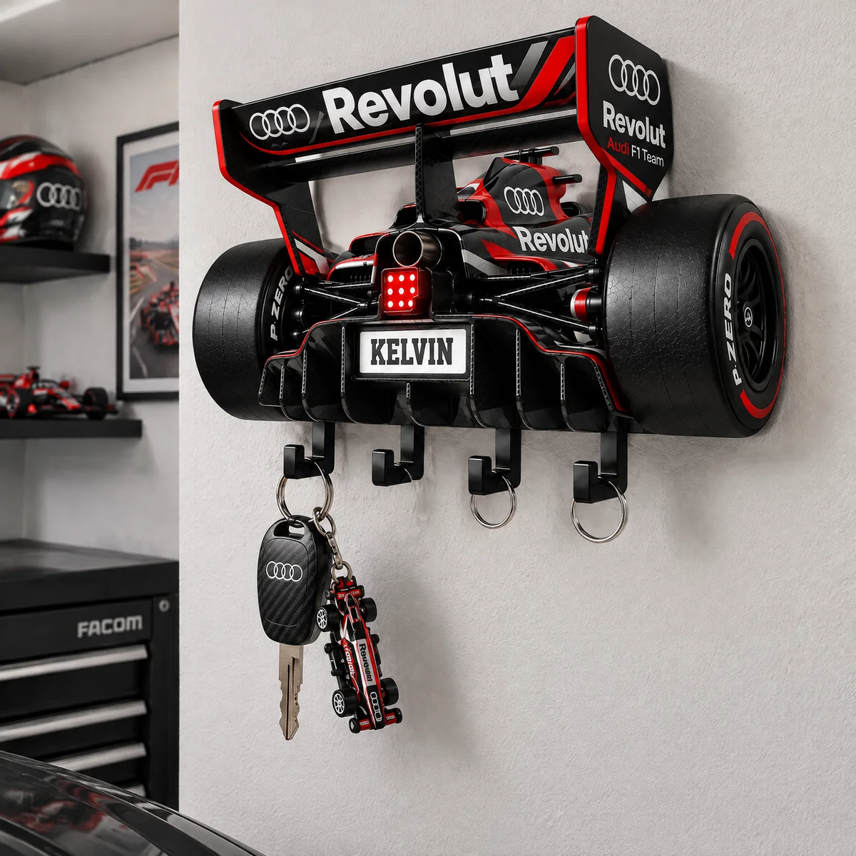 Custom Race Car Key Holder With Name, Racing Car Rear Wing Wall Key Rack, 4 Hook Garage Decor, Unique Gift for Racing Fans hn23102026
