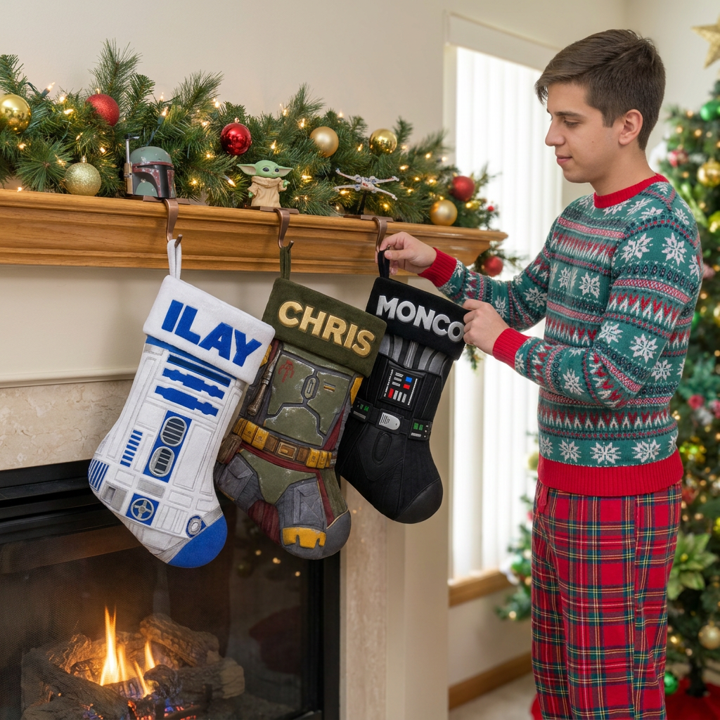 Personalized Sci Fi Christmas Stocking With Custom Name, Black Space Villain Stocking, 3D Movie Inspired Holiday Decor, Gift for Sci Fi Fans hn31102026