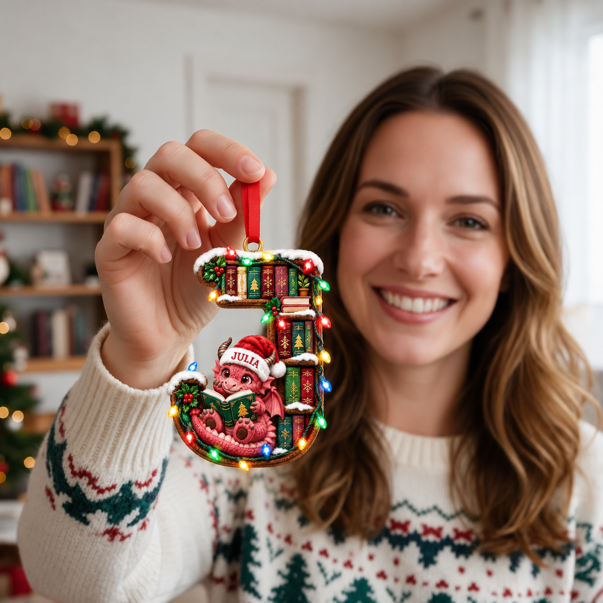 Personalized Dragon Reading Christmas Ornament, Custom Alphabet Letter and Name, 3D Bookshelf Holiday Decor, Gift for Book Lovers hn30102026