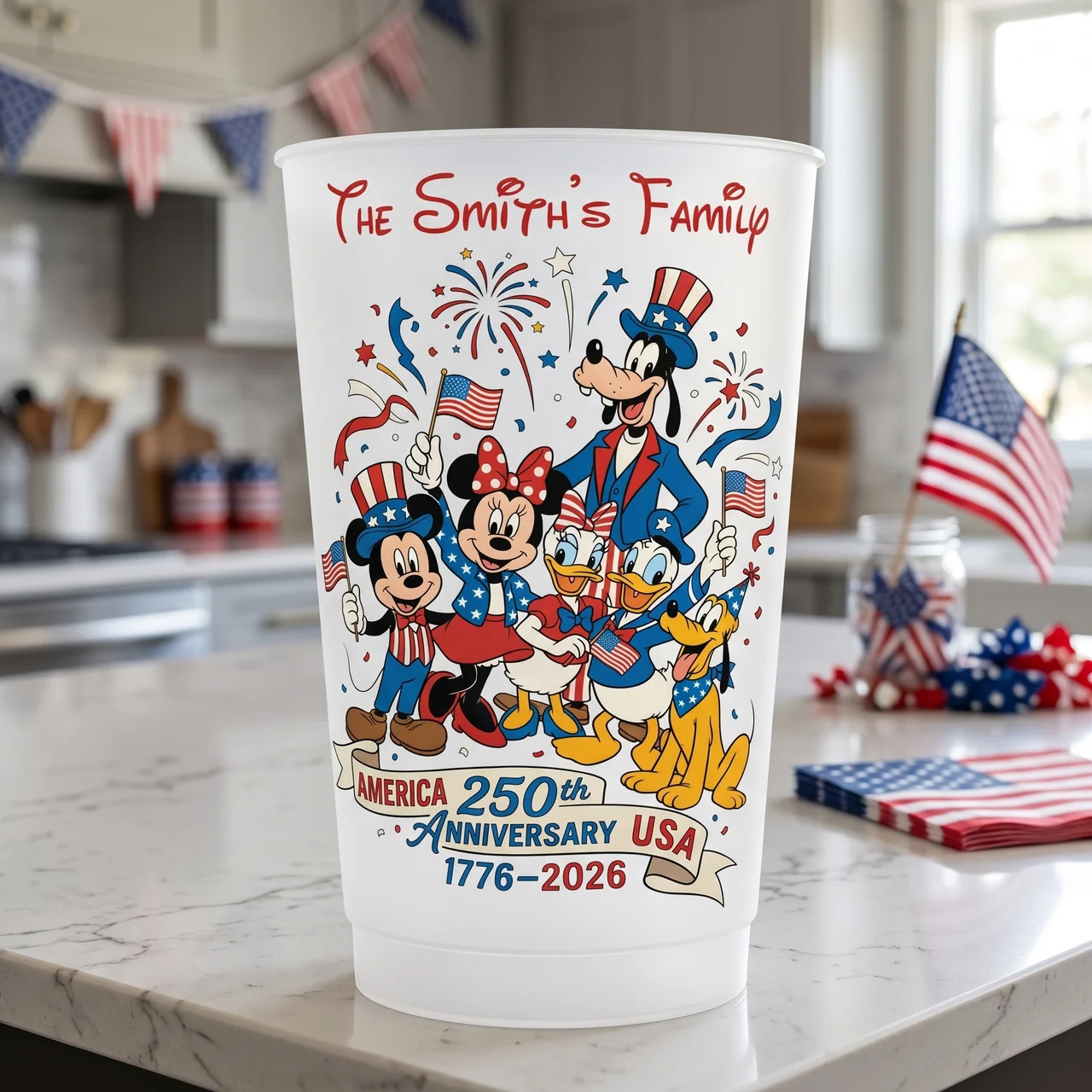 Custom Family Name 250th Anniversary Frosted Cups - Patriotic 4th of July Party Supplies