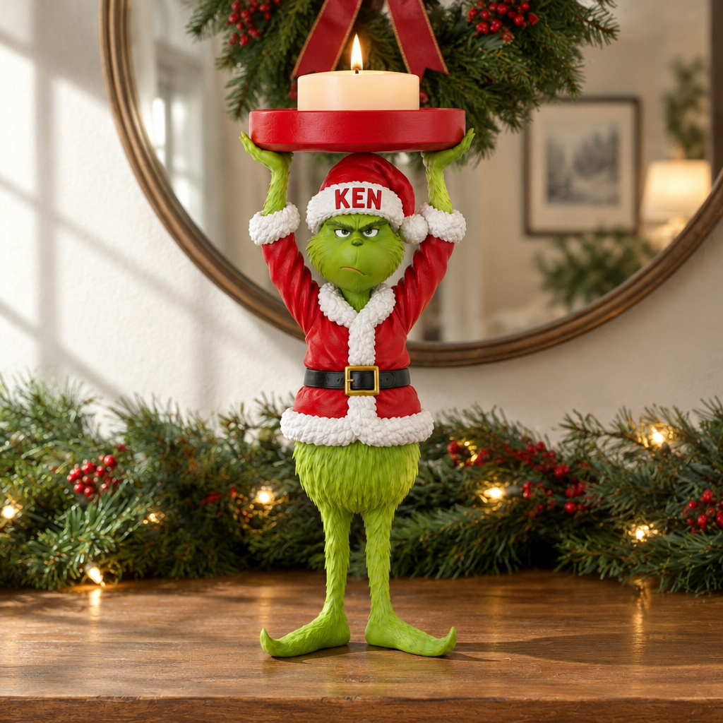 Funny Christmas Candle Holder With Custom Name, Green Holiday Character Candle Stand, Personalized Christmas Gift for Holiday Decor Lovershn15102026tp
