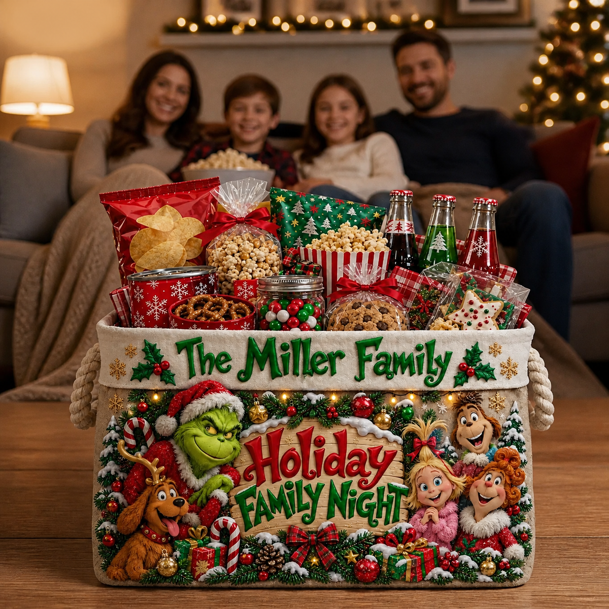 Custom Christmas Family Snack Basket With Name, Personalized Holiday Gift Basket, Festive Treat Holder Gift for Families and Holiday Lovers hn14102026tp