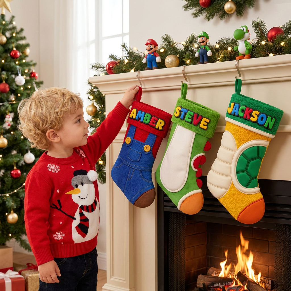 Personalized Christmas Stocking With Custom Name, Red and Blue Game Character Outfit Stocking, Video Game Holiday Decor, Gift for Gaming Fans hn31102026