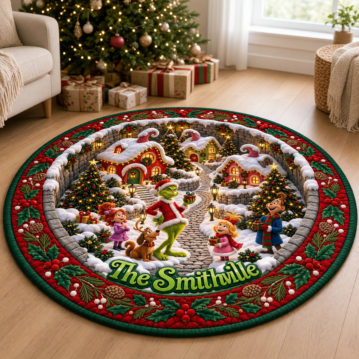Custom Christmas Family Rug With Name, Personalized Holiday Character Rug, Gift for Families, Christmas Lovers and Festive Home Decor hn14102026tp
