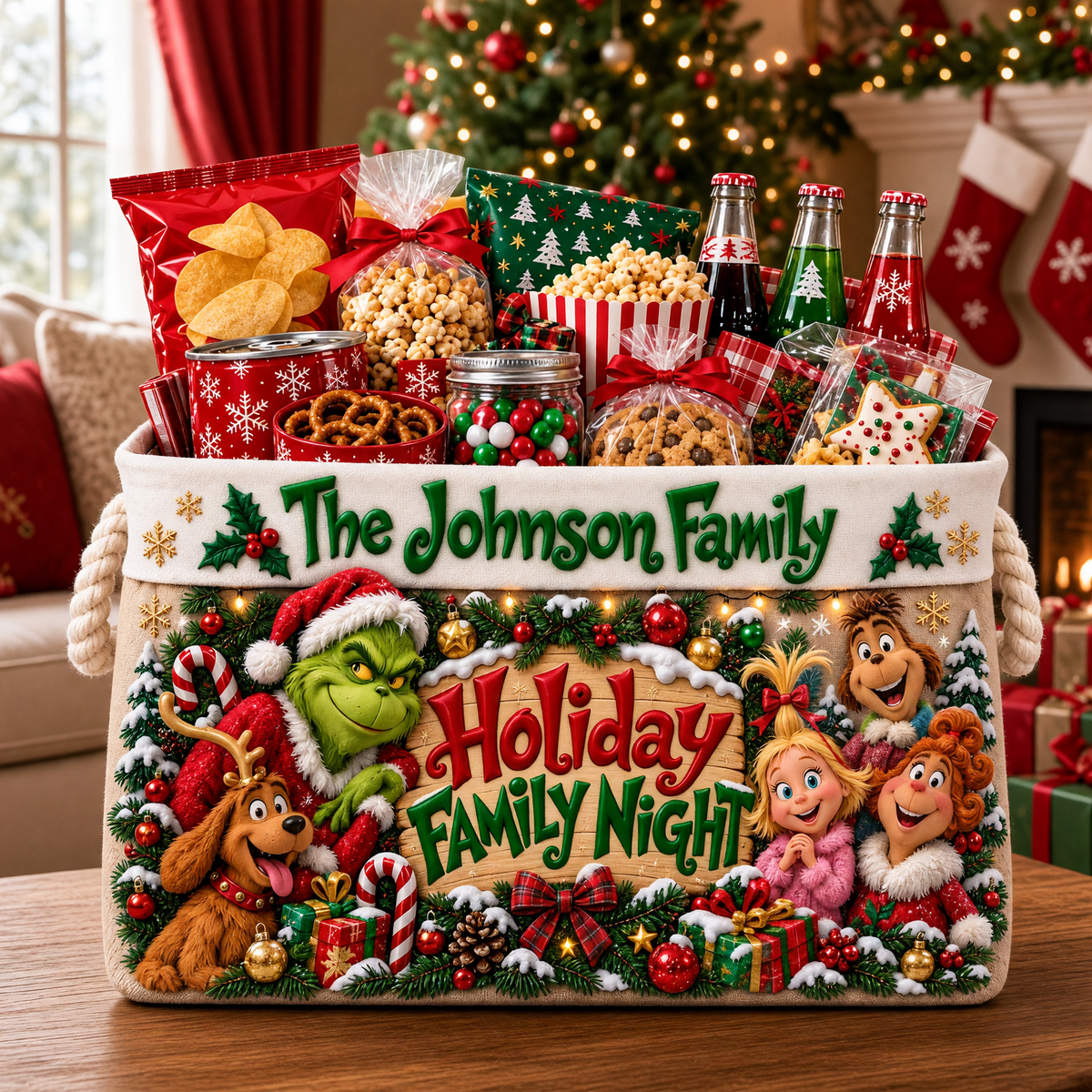 Custom Christmas Family Snack Basket With Name, Personalized Holiday Gift Basket, Festive Treat Holder Gift for Families and Holiday Lovers hn14102026tp