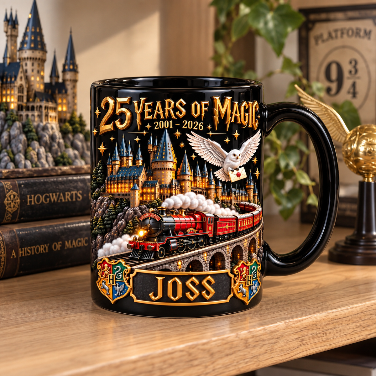 25th Anniversary Wizard Mug With Custom Name, Black Fantasy Castle Coffee Cup, Magical Train Collectible Drinkware, Gift for Fantasy Fans hn29102026