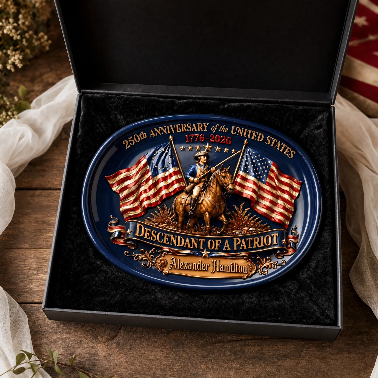 Custom Name Descendant of a Patriot Plate - 250th Anniversary USA Display Plaque