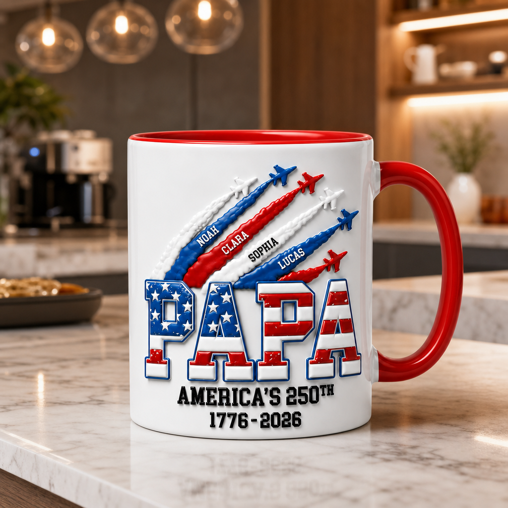 Custom Papa Patriotic Mug, Personalized 4th Of July Coffee Mug, America 250th Anniversary Gift For Dad, Custom Family Name Independence Day Mug