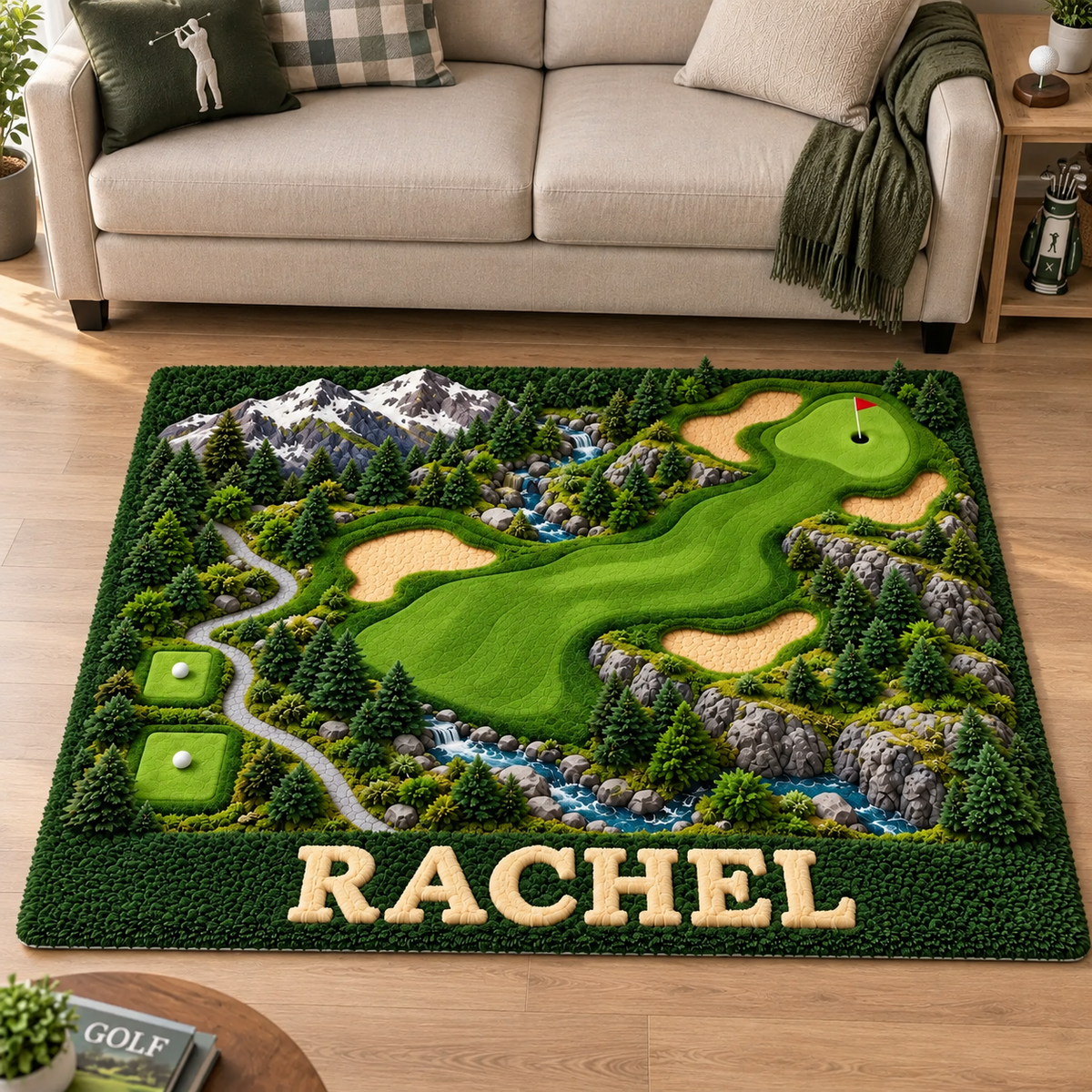 Personalized Square Golf Course Rug With Custom Name, Coastal Fairway Tufted Floor Decor, Unique Gift for Golf Lovers hn27102026