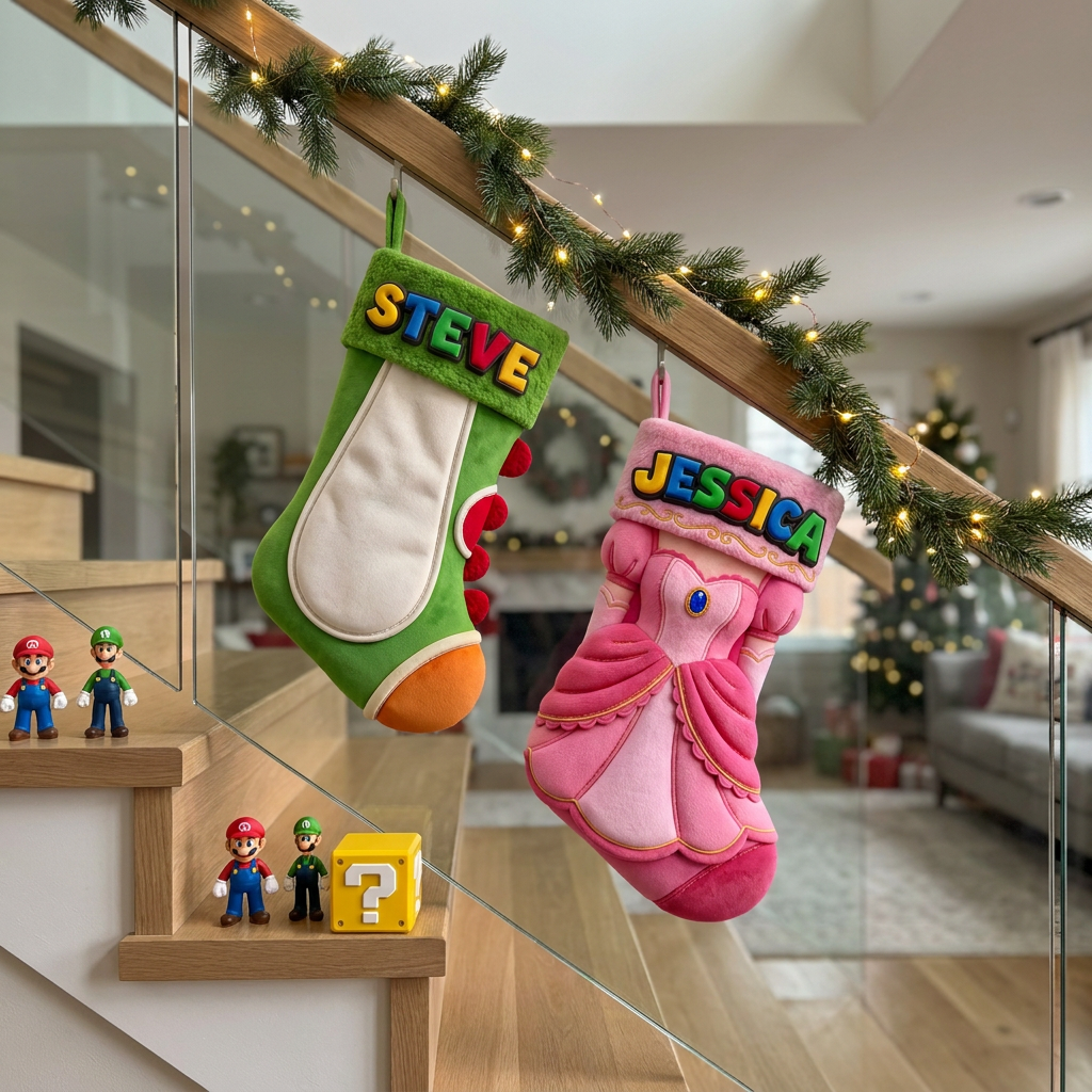 Personalized Christmas Stocking With Custom Name, Red and Blue Game Character Outfit Stocking, Video Game Holiday Decor, Gift for Gaming Fans hn31102026